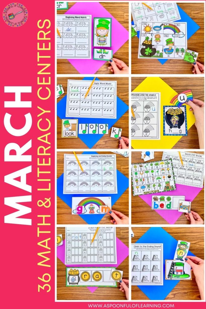 Examples of different hands-on literacy center activities included in the kindergarten centers for March.