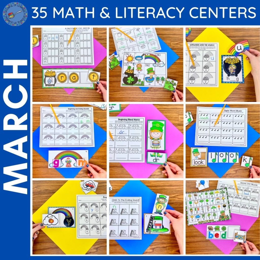 Examples of different March literacy centers for kindergarten that include CVC words, rhyming, middle vowels, beginning sounds, ending sounds, beginning blends, and sight words.