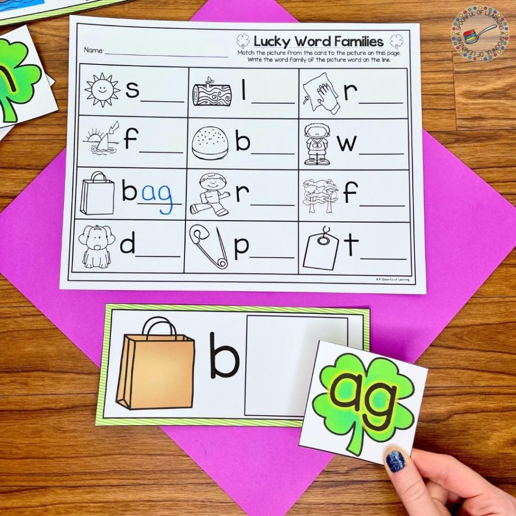 This March center for kindergarten focuses on word families. The student matched the 'ag' word family to the picture to build the word bag.