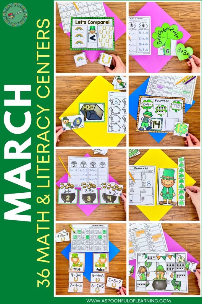 Examples of different hands-on math center activities included in the kindergarten centers for March.