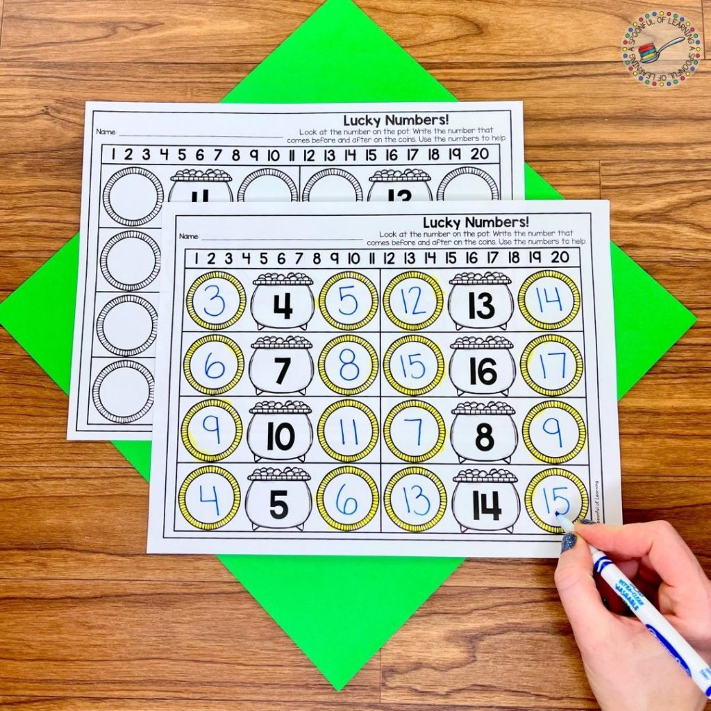 A March math worksheet for kindergarten where students practice finding numbers before and after a given number.