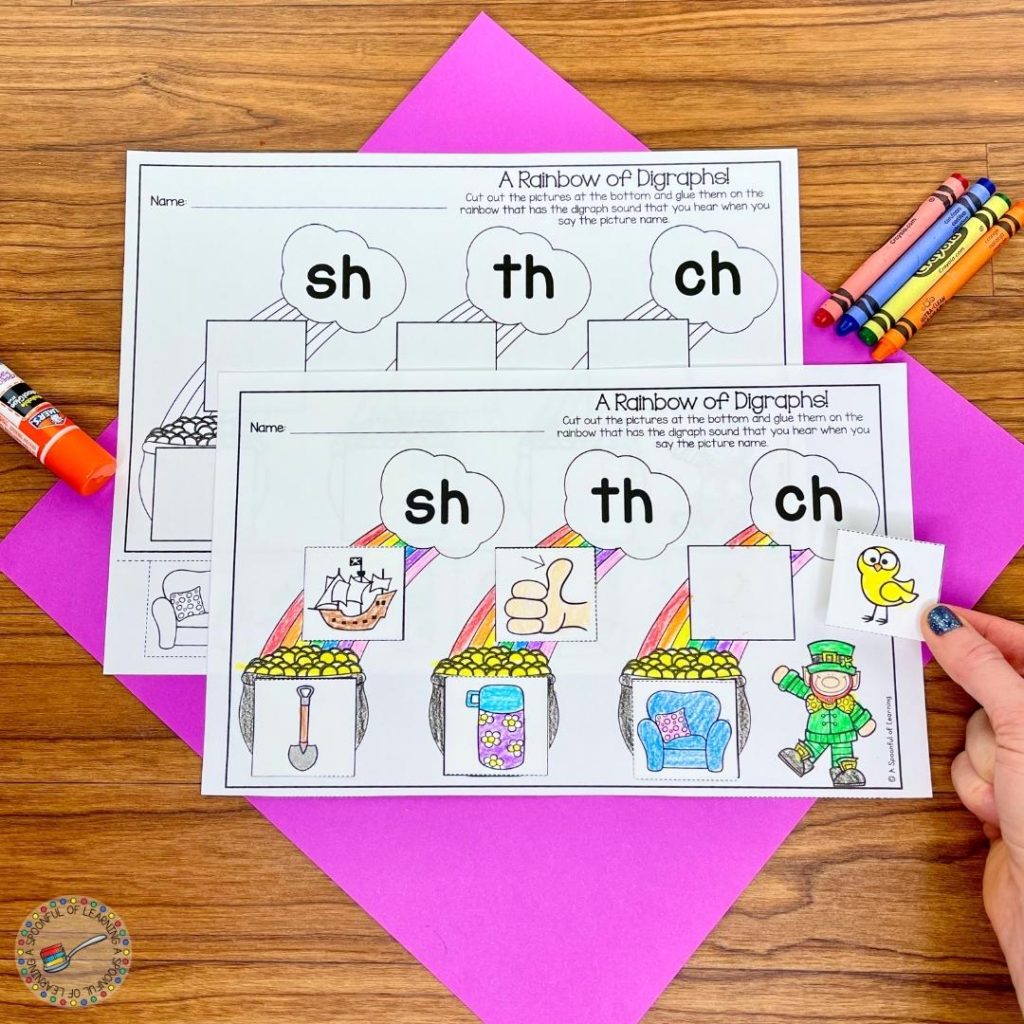 A March printable for kindergarten where students practice matching pictures to the correct beginning digraph.