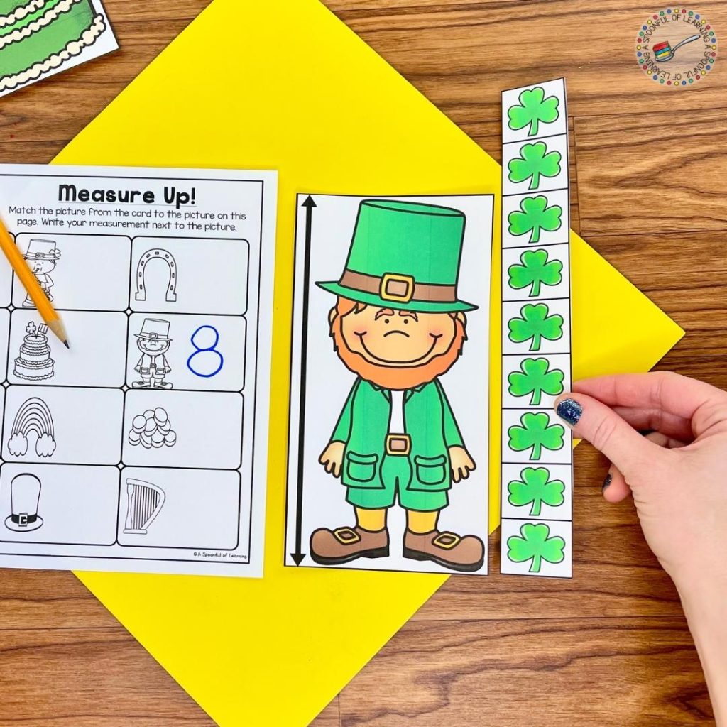A St. Patrick's Day themed center activity for kindergarten where the students used nonstandard measurement to measure the height of the leprechaun. The leprechaun is 8 shamrocks tall.