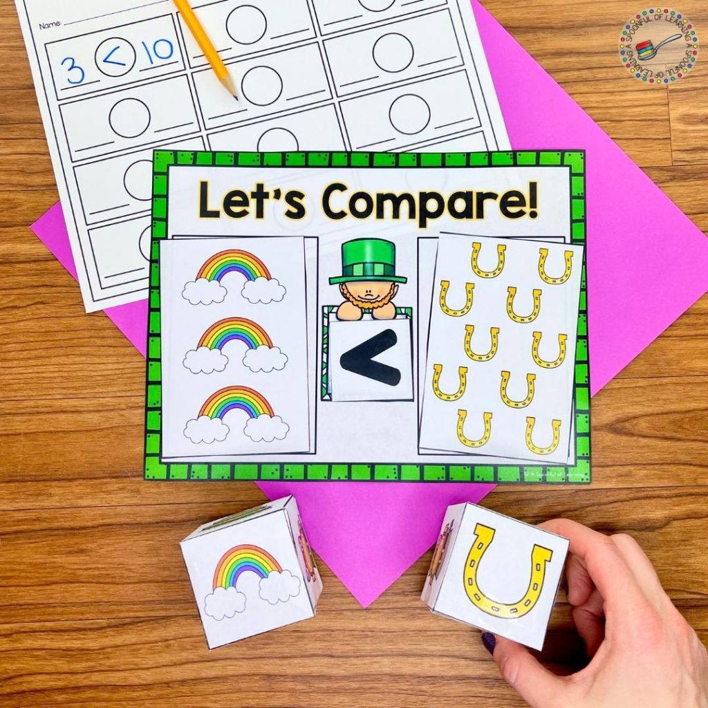 Included in these kindergarten centers for March is this comparing activity where a student rolled 2 picture dice. Then, they placed those picture cards onto a mat, count the groups, and compared them to each other.