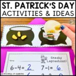 A St. Patrick's Day math activity where students use gold painted beans to act out subtraction equations to find the answer. They place the beans in the cup to take away and the remaining beans on the pot is the answer.