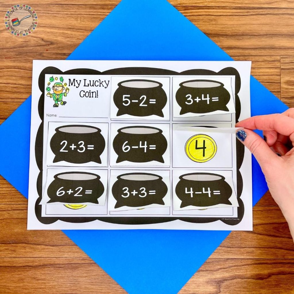 A St. Patrick's Day math activity where students practice solving different addition and subtraction equations. When they flip up the equation they will see the correct answer underneath.