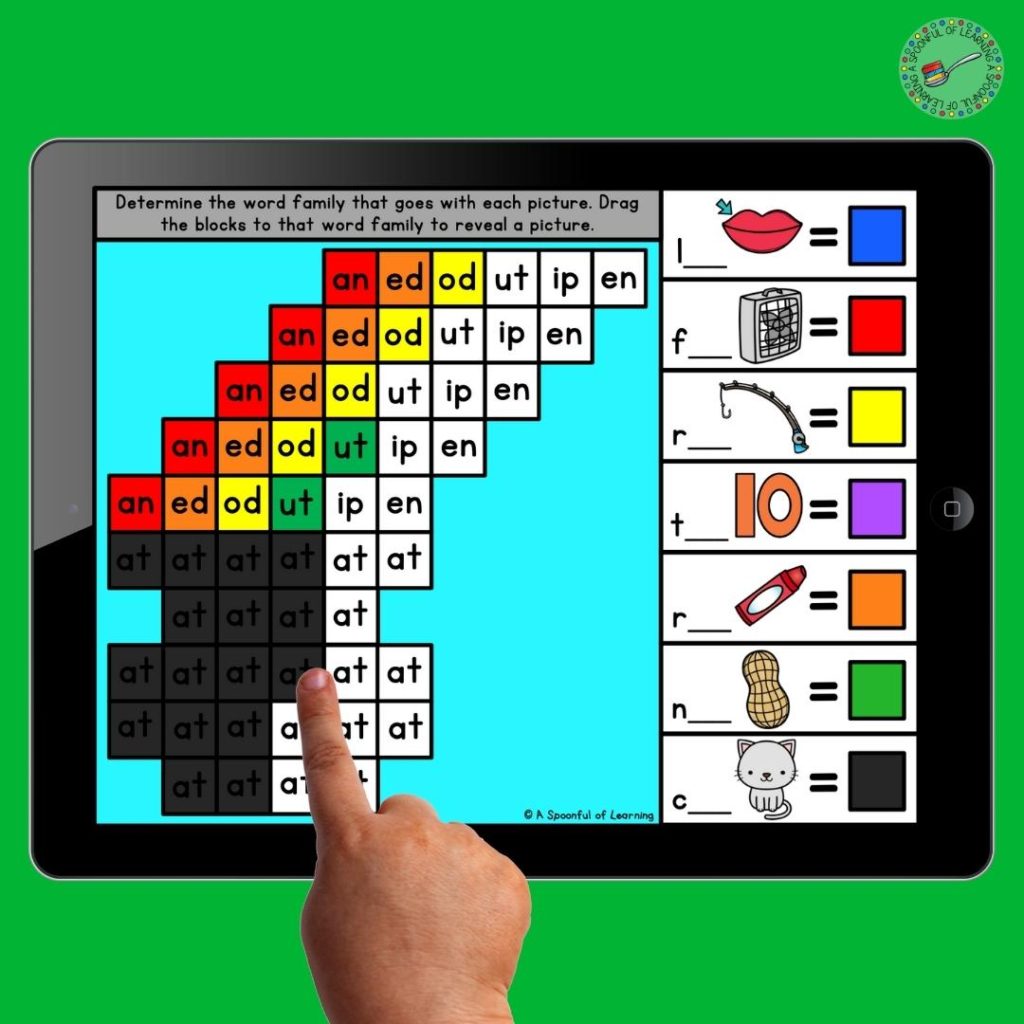 A St. Patrick's Day digital activity where students use a code to place the colored blocks on the correct word family to reveal a mystery picture.