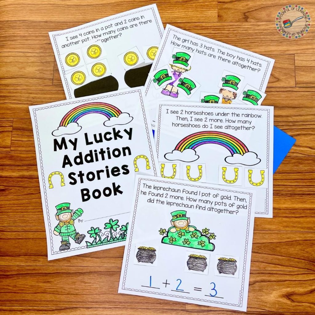 Examples of different addition story problems that students act out using pictures and writing an addition equation to solve the addition story problem.