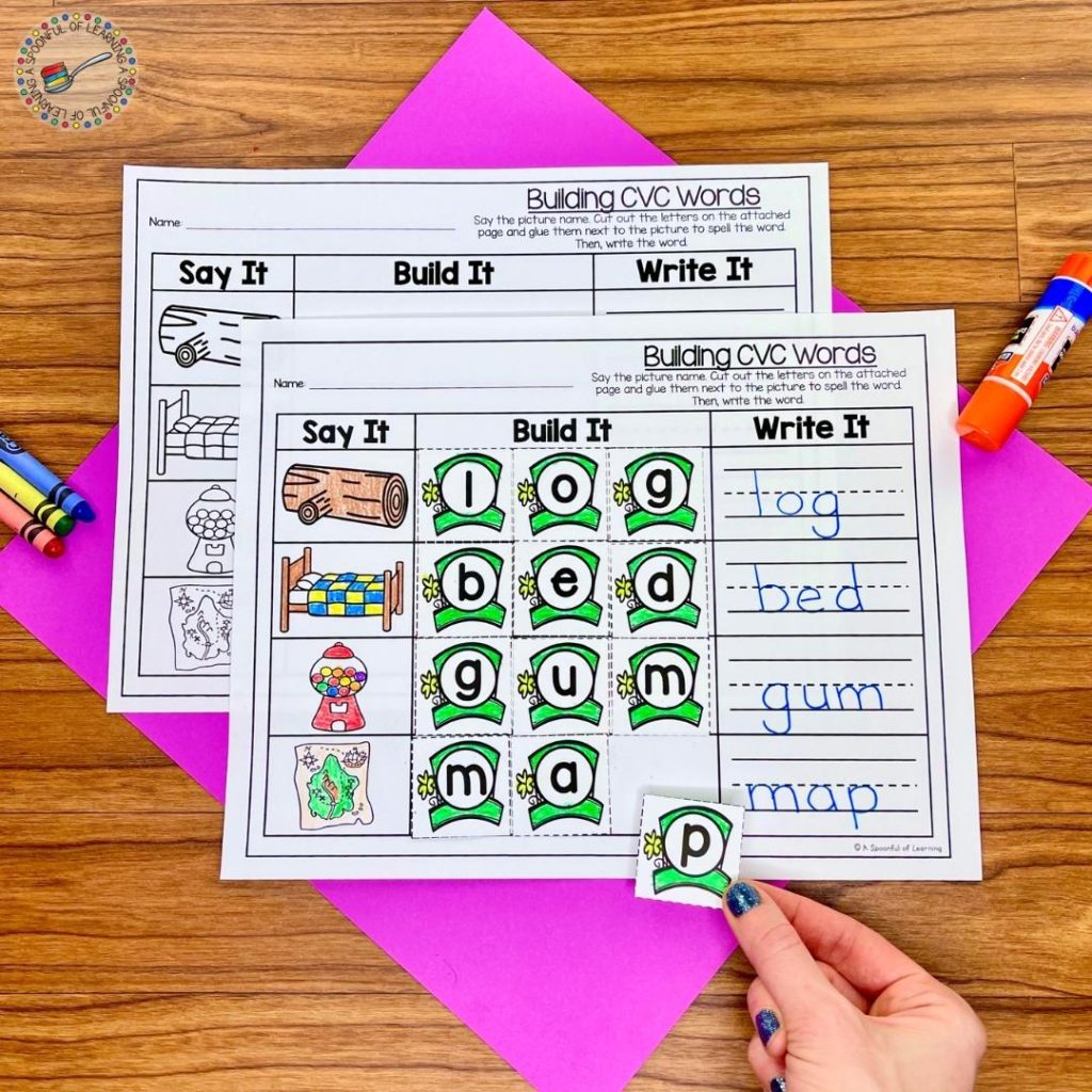 A March worksheet for kindergarten where students practice building and writing CVC words.