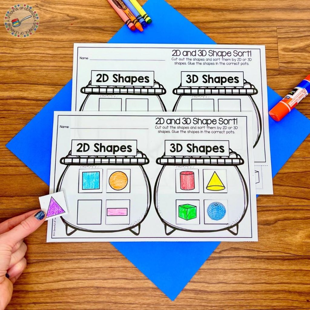 March morning work for kindergarten where students practice sorting 2D and 3D shapes.
