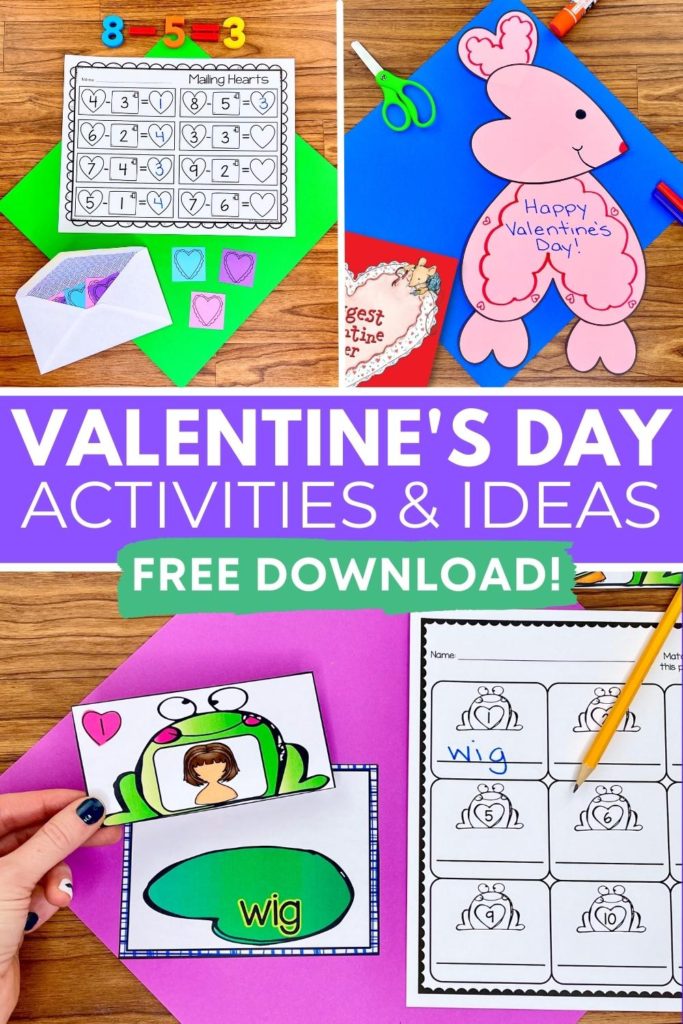 Examples of different centers, crafts, and activities that will be discussed in this blog post about Valentine's Day activities and centers.