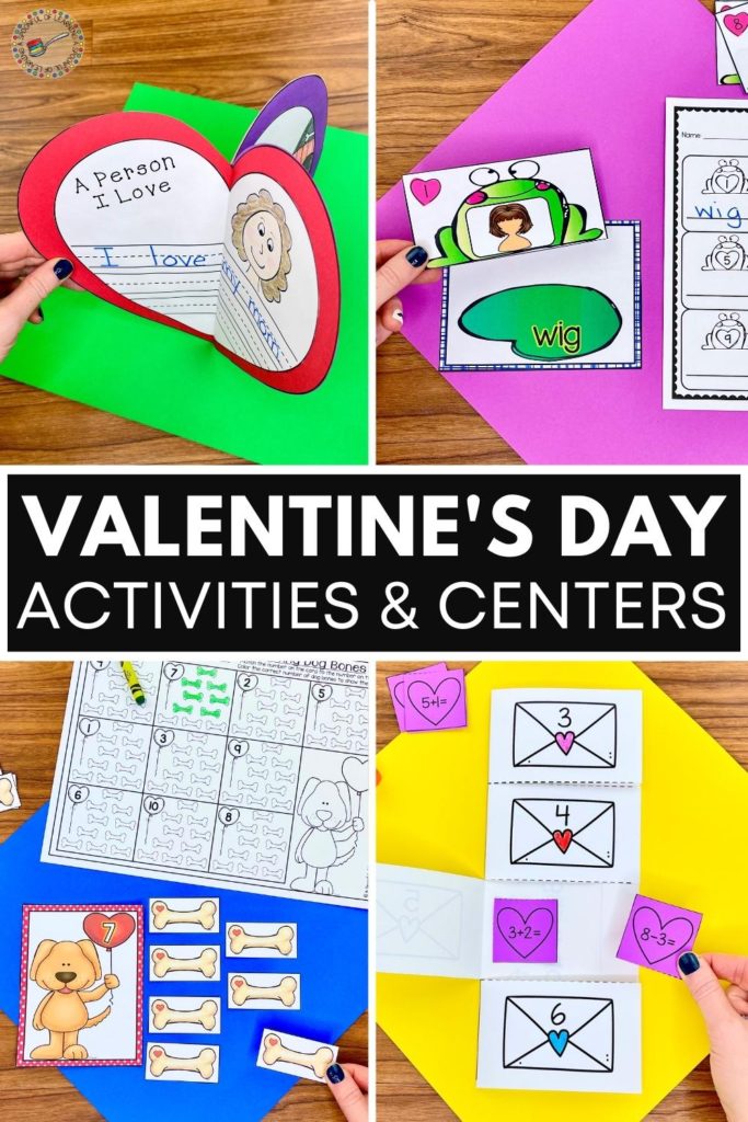 Different Valentine's Day crafts, math activities, literacy activities, and worksheet that are included in the Valentine's Day activities and centers blog post.