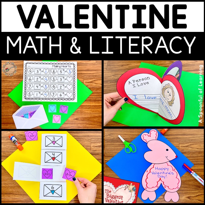 Different crafts, math activities, literacy activities, and worksheet that are included in the Valentine's Day Unit.