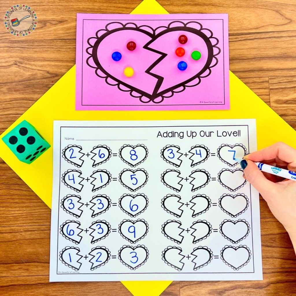 Students roll a dice twice and place the correct number of candy on to each side of the heart. Then they count how many hearts there are altogether to create an addition equation. This Valentine's Day math activity is hands-on and interactive.