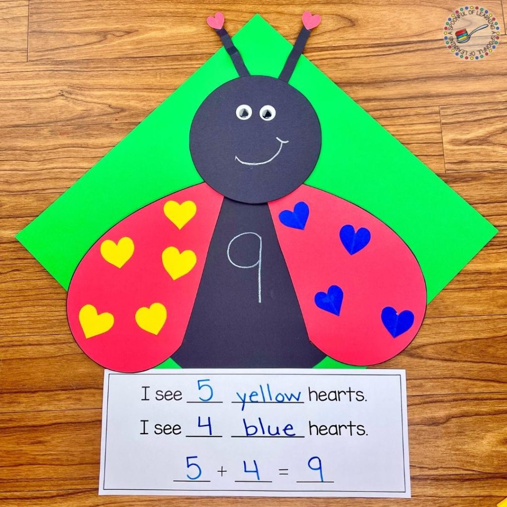 Students make a Valentine's Day craft with this love bug. They add 2 colored hearts onto the love bugs wings. Then, they create an addition equation using the hearts the glues onto the wings.