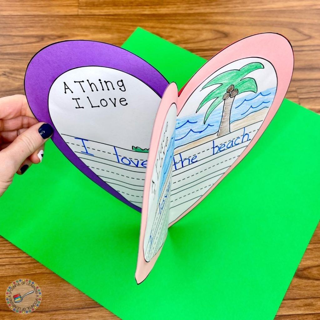 Students create this fun 3D Valentine's Day craft and place their writing about a person, place, and thing that they love.