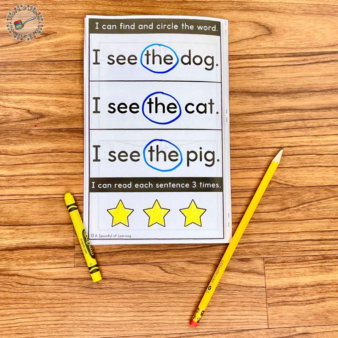 On this sight word printable students will find and circle the sight word "the" in each sentence.  Then, the students will read each sentence and color in the stars as they read the three sentences.