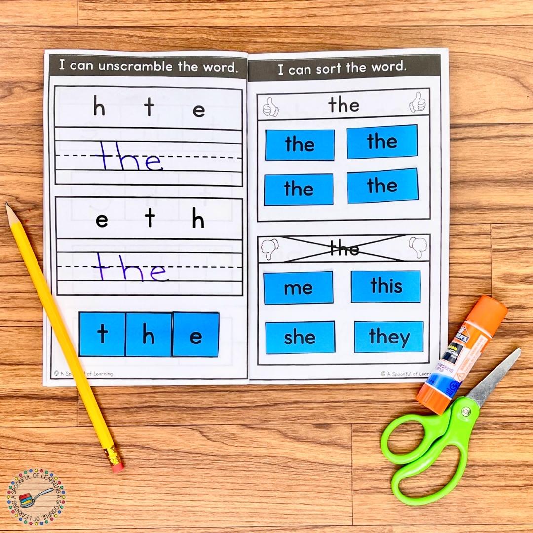 For this sight word worksheet, the students will unscramble the sight word "the" and then sort the sight word "the" from the other sight words.