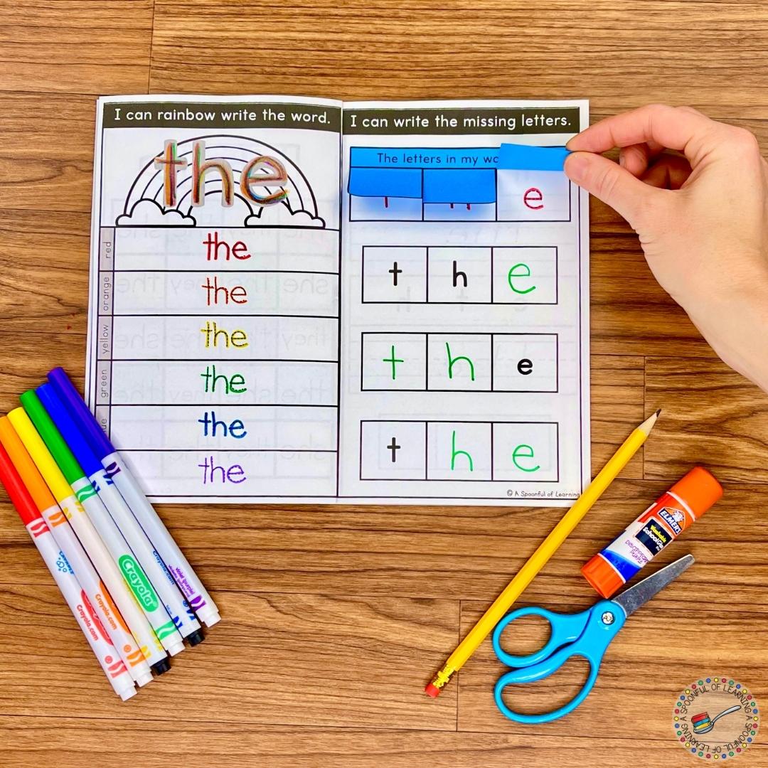On this sight word activity, the students will rainbow write the sight word "the" and then use problem solving to write the missing letters of the sight word "the".