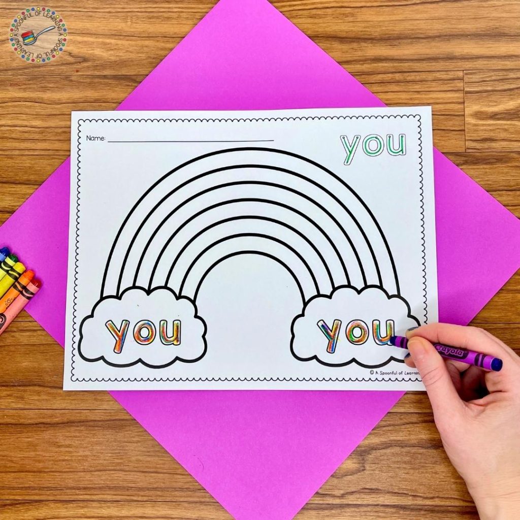 This is a sight word printable that the students use to trace the sight word "you" and rainbow write the sight word "you".