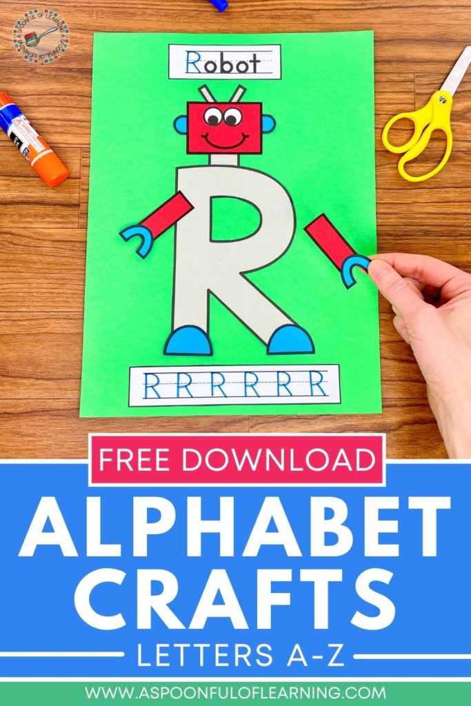 An example of an alphabet letter craft. This is the letter "R" craft.  The capital "R" was used to help create an image of a robot. Label the picture with the word "robot" on top and students can practice writing capital "R" at the bottom.