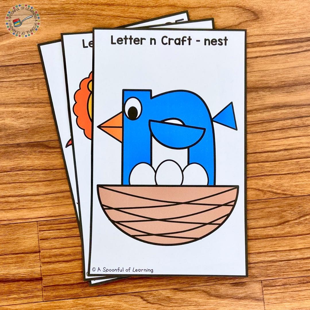 An example of a lowercase letter "n" craft. This is the sample picture that students can look to as an example to help them complete the craft. Each letter craft is turned into something that has the same beginning sound letter; for example, "n" is for "nest".