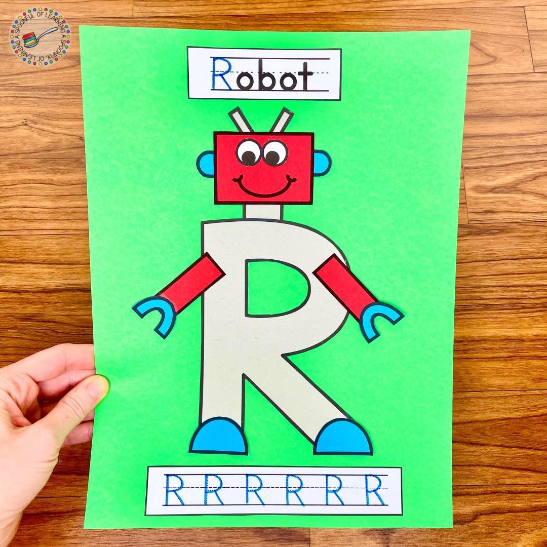 An alphabet letter activity used to help teach students letter "R". Students cut out the pieces of the craft and glue them correctly to make a robot for the "R" letter craft.