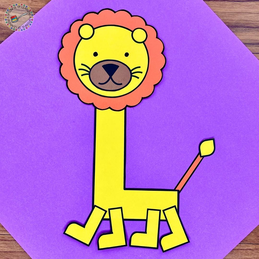 An example of an alphabet letter craft. The craft was copied onto colored paper and the students cut out and glue the pieces to make the lion.