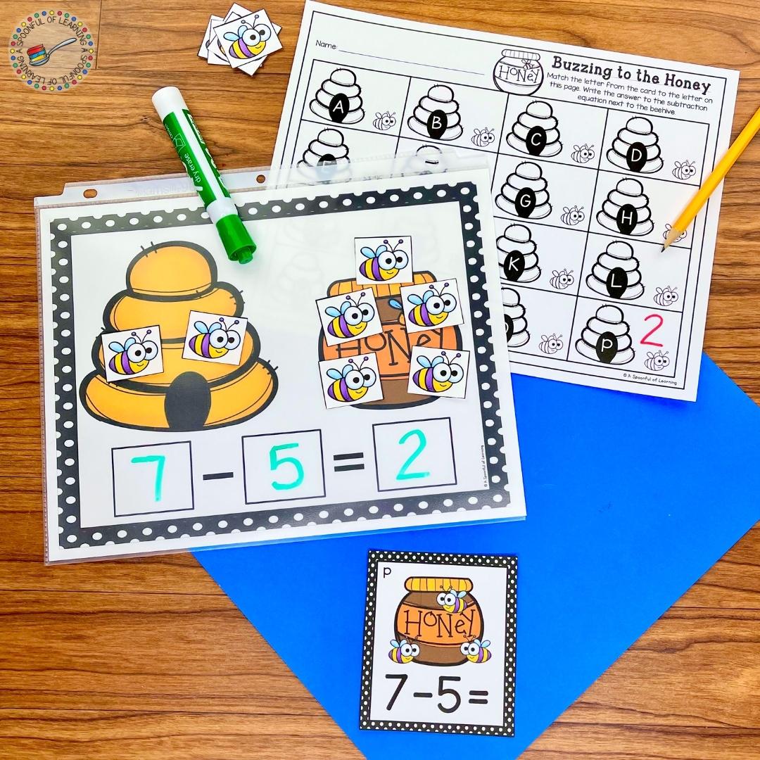 This honeybee subtraction activity is perfect for spring math centers! Students use a subtraction mat to solve the equations. They act out the equation on the card by placing the correct number of bees on the hive. Then, students move the correct number of bees from the hive to the honey jar to find the answer to the equation.