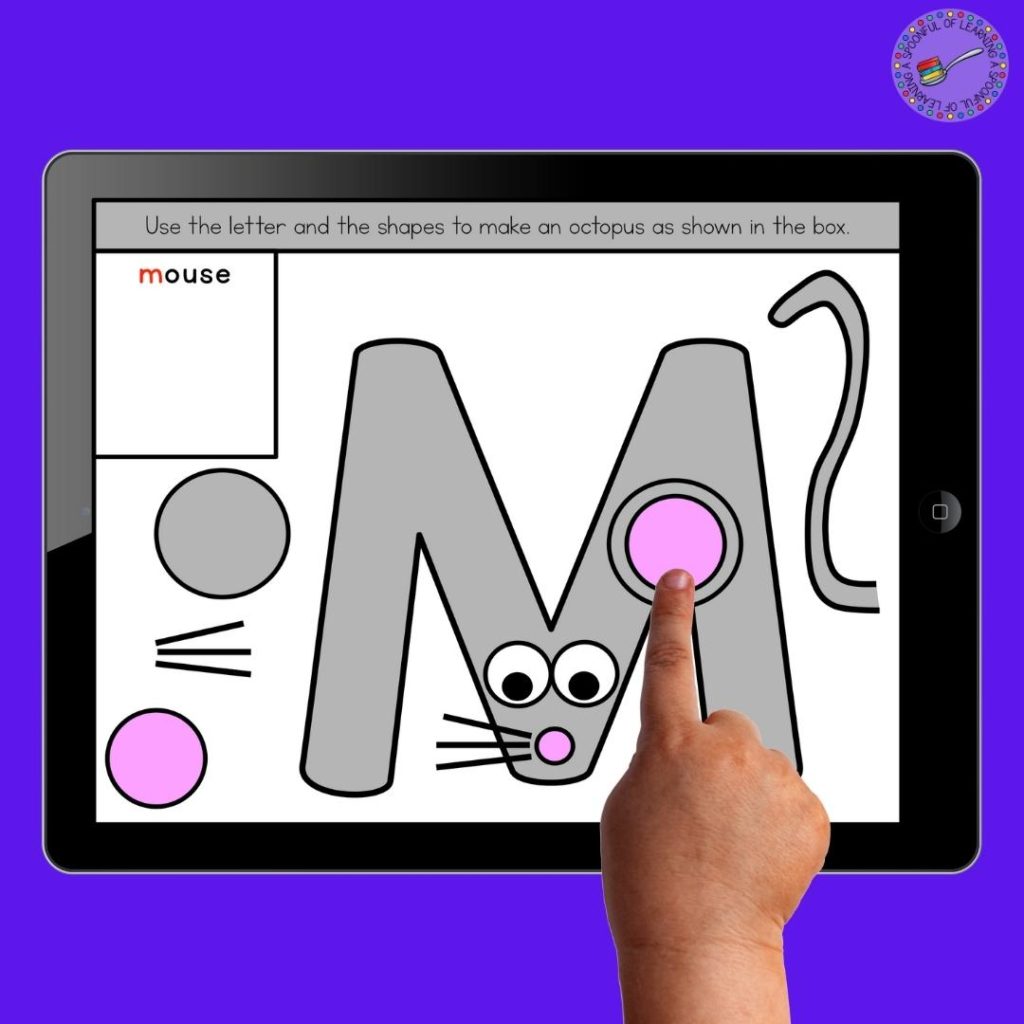 An example of an interactive digital alphabet craft for "M". Students use the shapes and the letter on the screen to create a mouse!