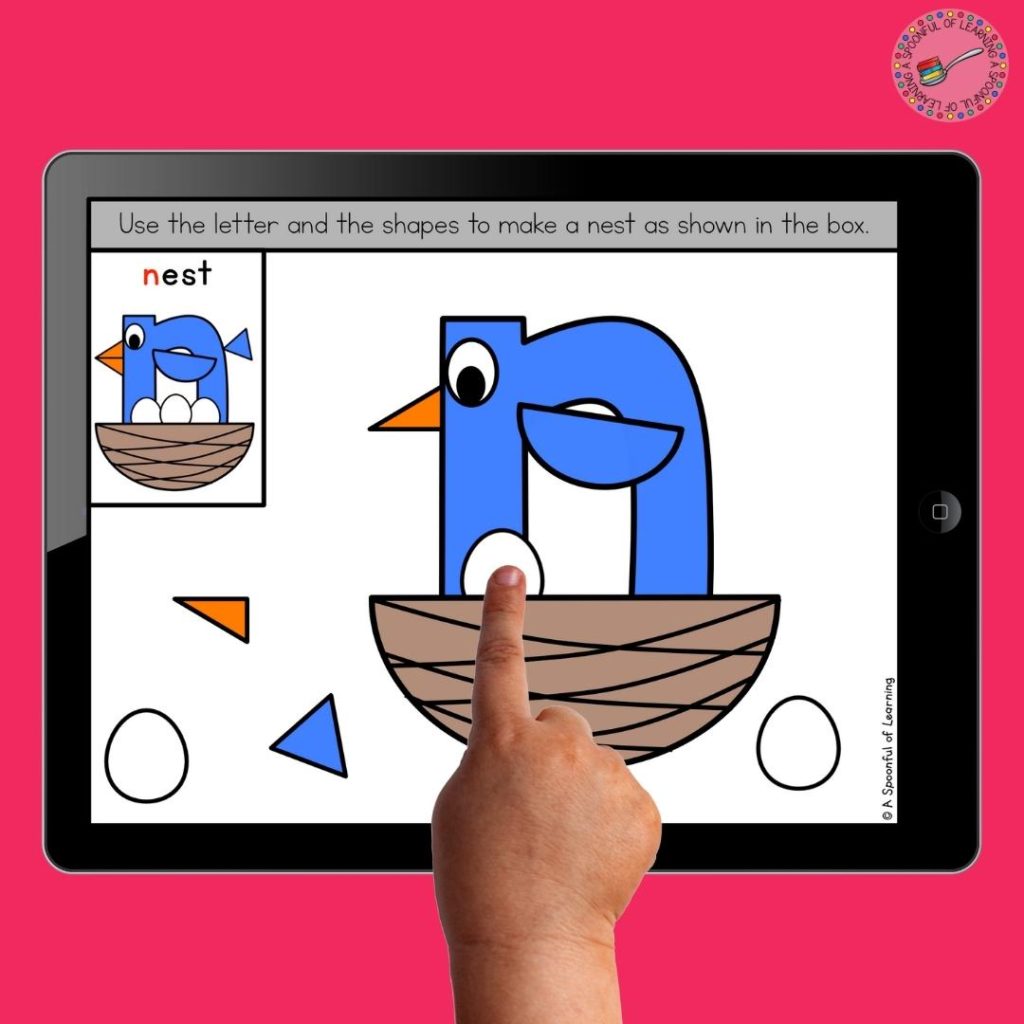 An example of an engaging digital letter craft for "n". Students use the letter and the shapes to make a nest that looks like the picture in the box on the upper left hand corner of the screen.