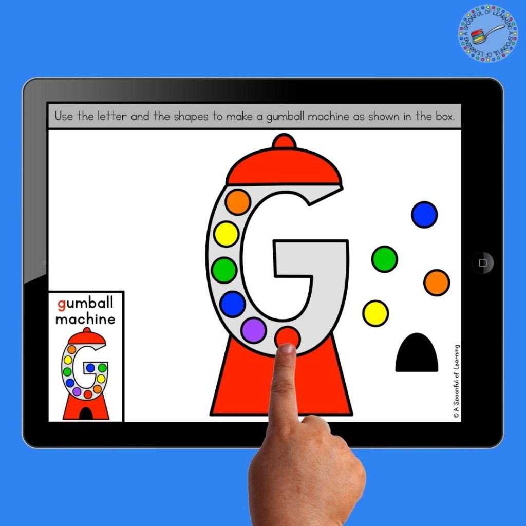 An example of a creative digital alphabet craft for "G"! Students will create a gumball machine by using the shapes and the letter on the screen.  The box on the lower left hand corner has an example of the gumball machine students can use to help them build the craft.