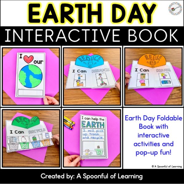 Example of the three R's book included in these Earth Day activities. Each page of the book is shown where students make an Earth craft, sort pictures to go with the three R's, and a pop up that they get to add to each page.