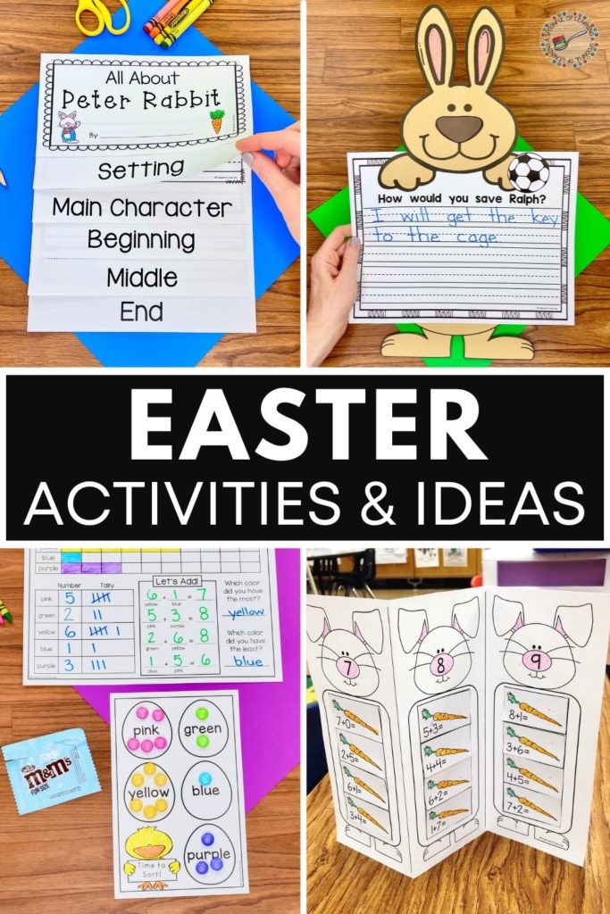 Different example of Easter math and literacy activities included in this unit for kindergarten. There is a story elements flip book and writing craft that are follow-up activities to Easter read-alouds. There are also a decomposing numbers activity as well as an M&M sorting and graphing activity.