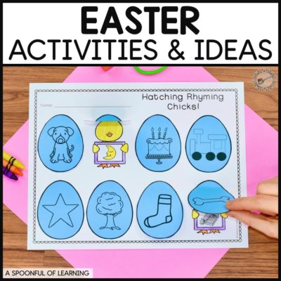 An interactive rhyming activity that can be found in this Easter activities for kindergarten blog post. Students match the rhyming pictures on the egg and the chick. They flip up the egg and see the chick underneath.