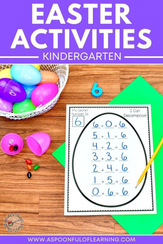 A decomposing numbers activity included in this Easter activities unit for kindergarten. Students are decomposing a number using jelly beans and writing all of the addition equations that go with the number on the worksheet.