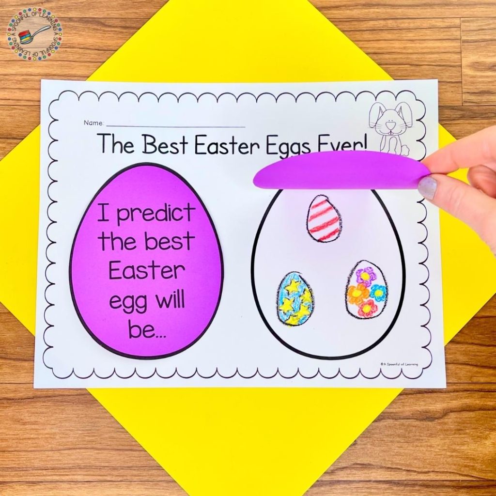 Students show the results of the Easter story after making a prediction. A drawing of 3 different Easter eggs. They have red striped, flowers, and stars, These were the winning Easter eggs at the end of the Easter story.