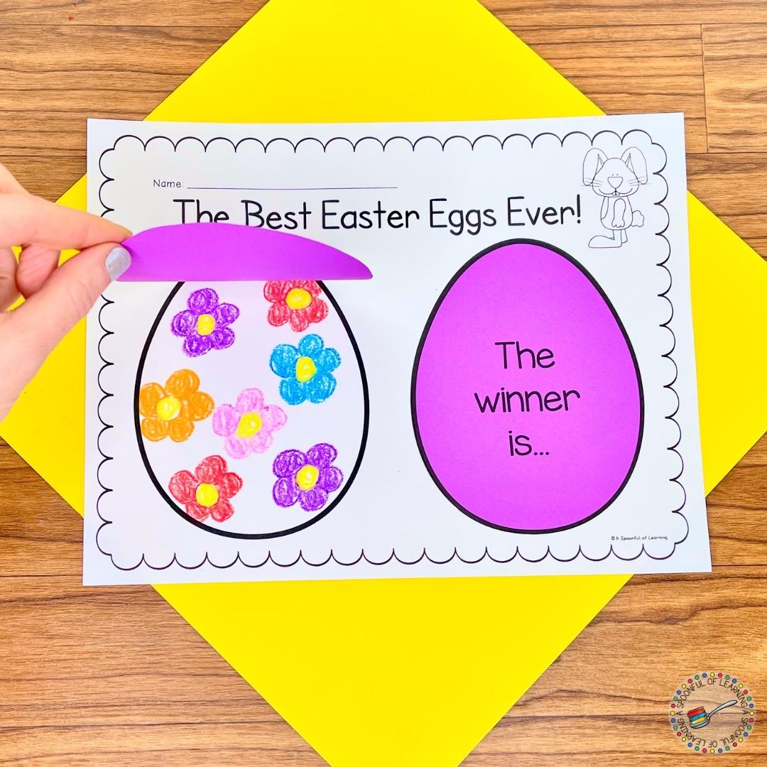 A drawing of flowers on an egg that a student predicts will be the winner in the Easter story.