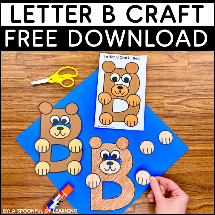An example of a free download letter "B" craft. Students can either color in the craft pieces or the craft pieces can be copied on colored paper. The students cut out the pieces and glue them to make the bear for the "B" letter craft.