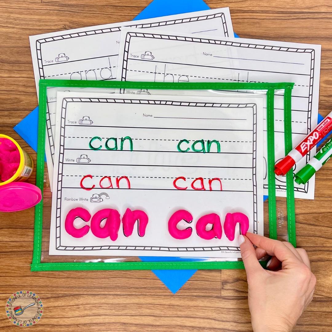 This worksheet for the sight word "can" is placed in a paper protector. The student uses a dry erase marker to trace and write the sight word "can". A hands-on activity is added by having students build the letters of the sight word "can" with playdoh.