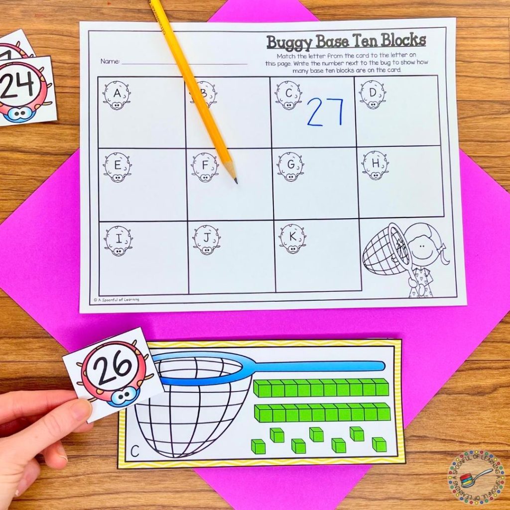 This base ten blocks activity for spring math centers has students matching each bug with a number on it's back to the card with the same number of base ten blocks. Students place the correct bug on the net. Numbers range from 10-19 or 20-30.