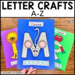 An example of 3 different letter crafts. The uppercase letter M has been made into a mouse craft. The uppercase letter L has been turned into a lion craft. The uppercase letter R has been made into a robot craft. Students practice tracing the letter for handwriting practice.