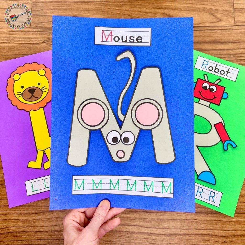 These are examples of alphabet capital letter crafts. Students will work on their fine motor skills to cut the pieces of the pictures out. Then, the students use problem solving and fine motor skills to cut out and glue the picture. Students work on writing the specific capital letter at the bottom and they write the correct capital letter for the word labeling the picture at the top. Pictured are the "L", "M", and "R" letter crafts.
