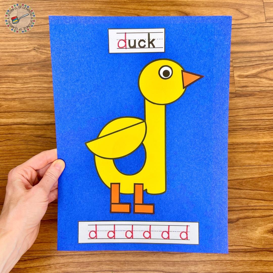Teach your students the alphabet from a-z using these letter crafts. The pieces of the craft are cut out and glued correctly to make a picture of a duck for the "d" activity.