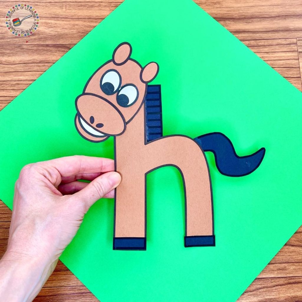 An example of a hands-on letter craft. The "h" is used to make the body of the horse. Students will cut out the pieces and glue them together to make a picture of the horse.
