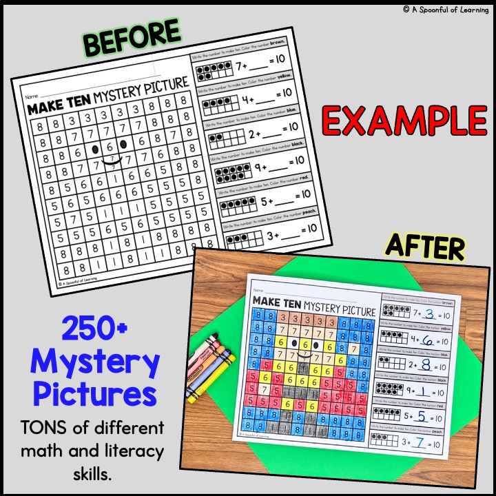 An example of a mystery picture printable before and after it's completed. The math skill being focused on in this worksheet is make ten. There are over 250 mystery pictures for math and literacy skills that I've created.