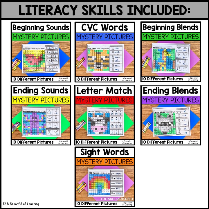 Examples of the 7 different literacy skills used to complete these color by the code mystery pictures!