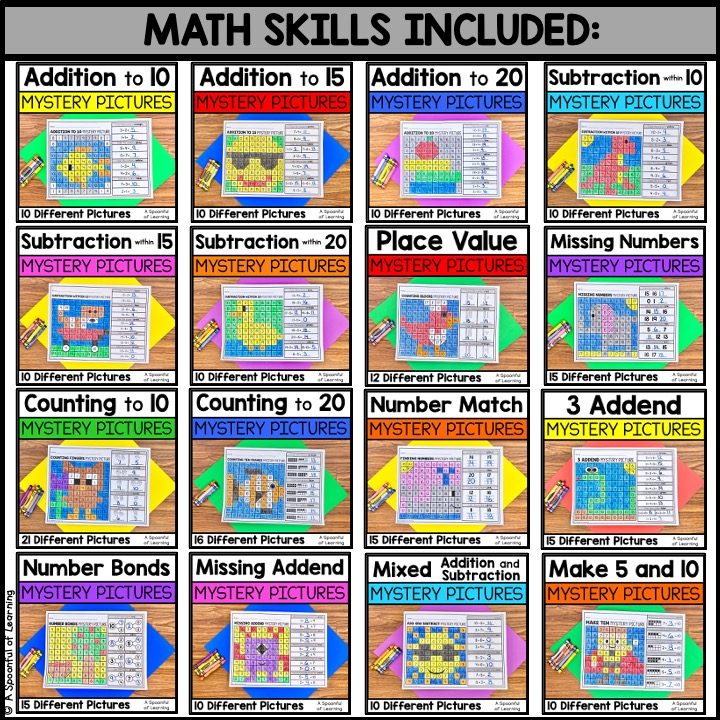 Examples of the 16 different math skills included in this mystery pictures bundle. 