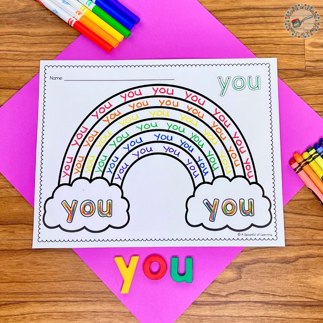 This is what the sight word worksheet will look like when the student has completed rainbow writing the sight word "you" and writing the sight word "you" in the rainbow rays. Student can also use magnet letters to build the sight word "you" after completing the sight word printable.