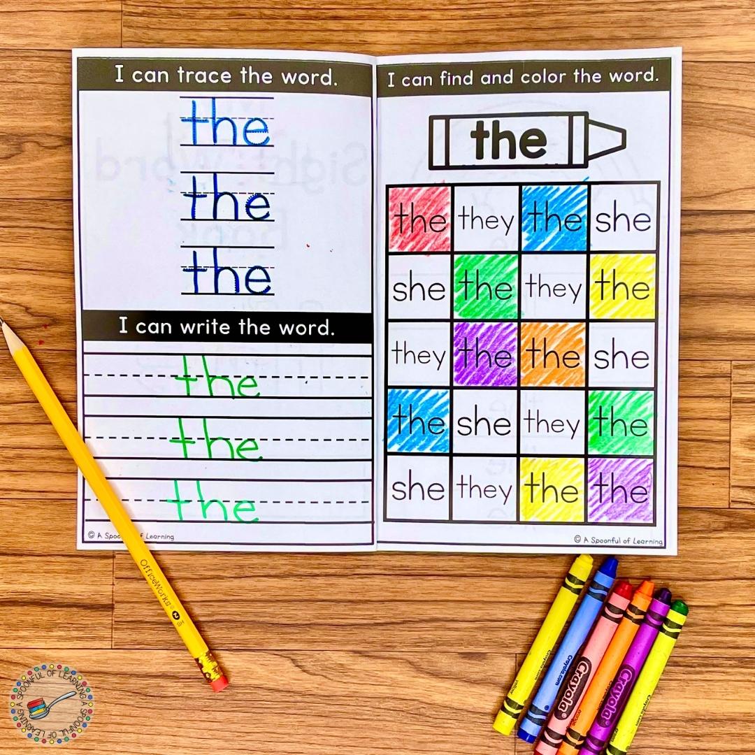On this page of the sight word book, the student will trace and write the sight word "the".  Then, they will find and color the sight word "the".